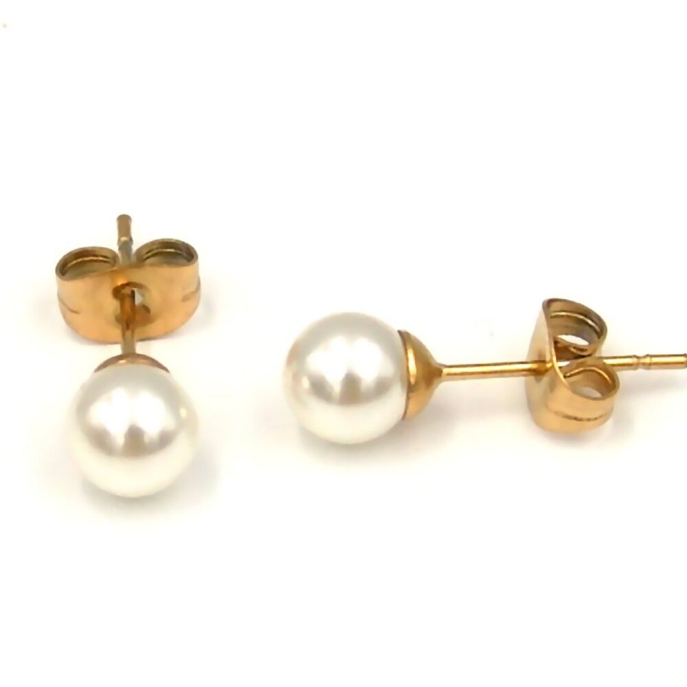Classic Pearl Stud Earrings Faux Hypoallergenic Surgical Steel PVD Gold 6mm
